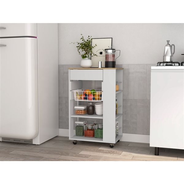 FM Furniture Shelton White Base with Composite Laminate Top Kitchen Cart (22-in x 14-in x 35-in)