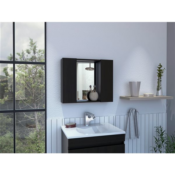 FM Furniture Draco 23.6-in x 19.5-in Recessed Black Mirrored Rectangle Medicine Cabinet