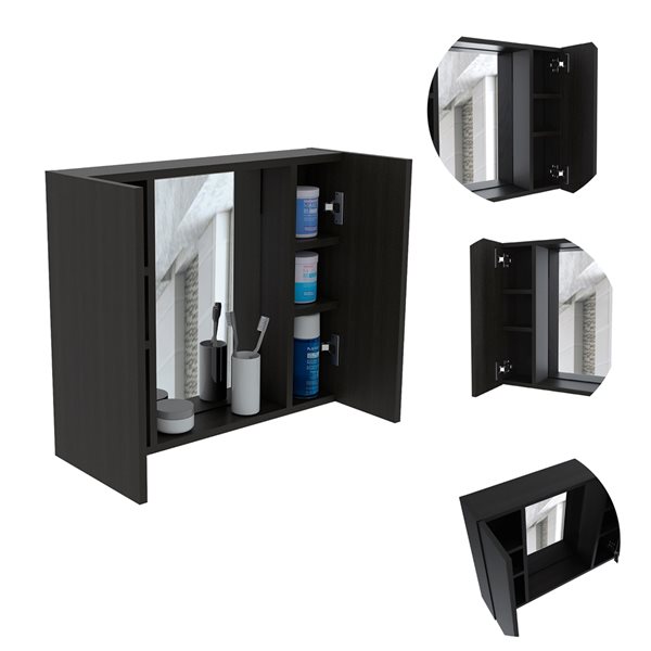 FM Furniture Draco 23.6-in x 19.5-in Recessed Black Mirrored Rectangle Medicine Cabinet