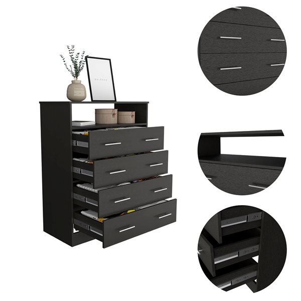 FM Furniture Lagos Black 4-Drawer Standard Dresser