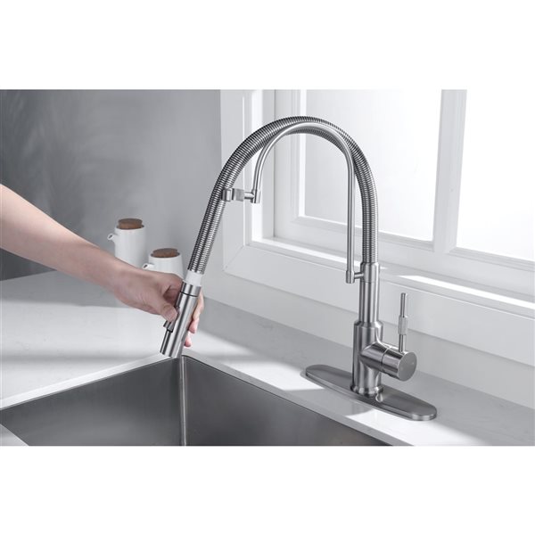 Westmount Waterworks Randall Brushed Nickel 1-Handle Deck Mount Pull-Down Handle/Lever Kitchen Faucet with Deck Plate