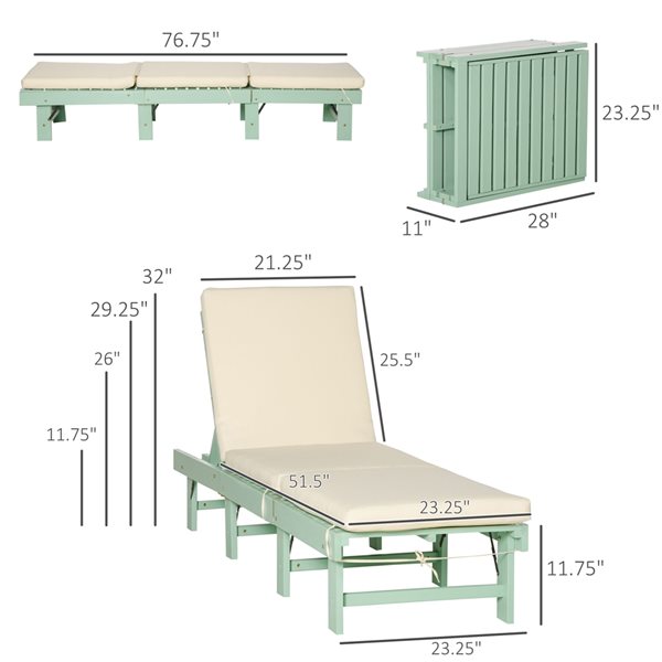 Chaise longue inclinable pliable de jardin en bois vert part Outsunny