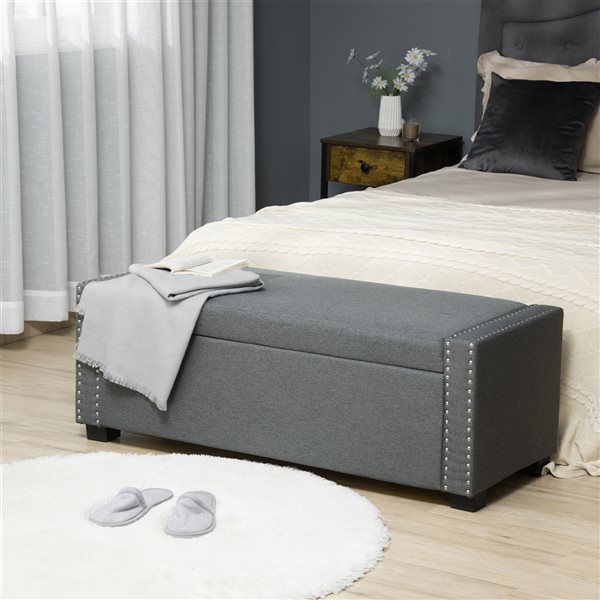 HOMCOM Modern Light Grey Cotton Rectangle Integrated Storage Ottoman