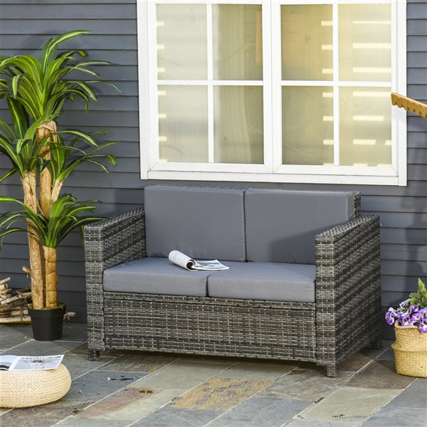 Outsunny Grey Rattan 2-sofa Wicker Loveseat