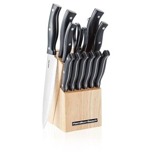 Ensemble de couteaux en acier inoxydable noir Hamilton Beach avec bloc de bois, 14 pièces
