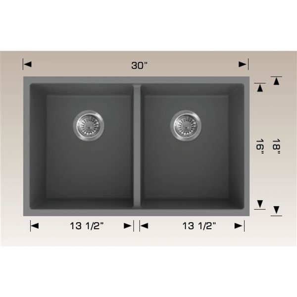American Imaginations Undermount 18-in x 30-in Grey Composite Granite Double Bowl Kitchen Sink