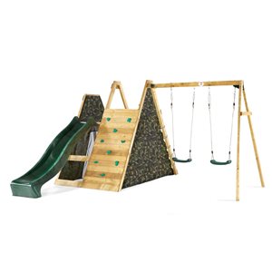 Module de jeu résidentiel PLUM PLAY en bois avec pyramide d'escalade et balançoires