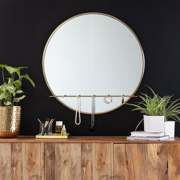 Fetco Tess 30-in L x 30-in W Round Gold Framed Wall Mirror with Hooks