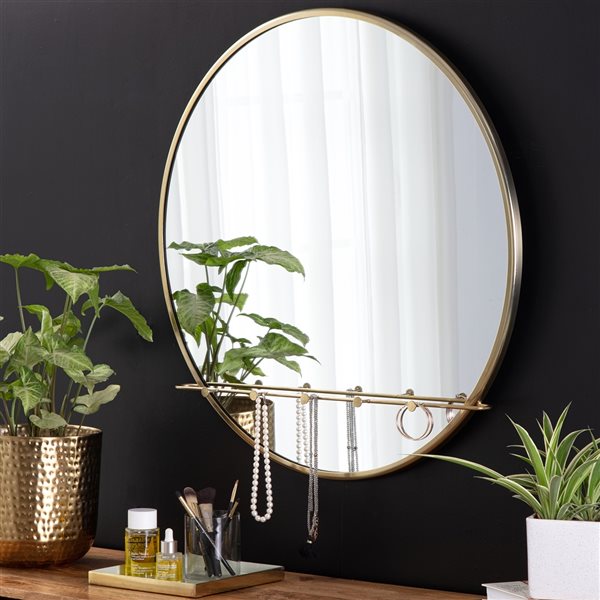 Fetco Tess 30-in L x 30-in W Round Gold Framed Wall Mirror with Hooks