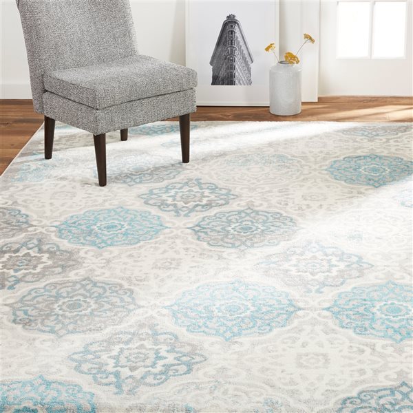 Tapis d'intérieur Boho Andorra par Home Dynamix rectangulaire damassé gris et bleu de 8 po x 10 po