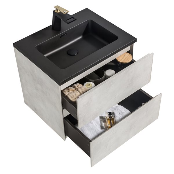 Meuble-lavabo simple gris Sadie par GEF 24 po avec comptoir en composite de quartz noir