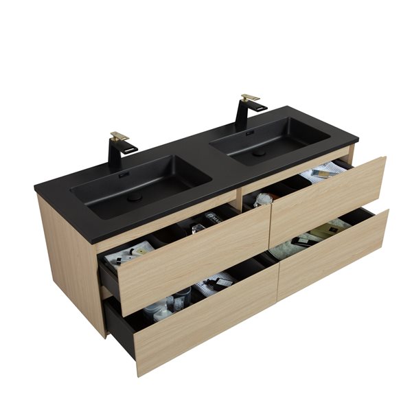 Meuble-lavabo double blé Sadie par GEF 60 po avec comptoir en composite de quartz noir