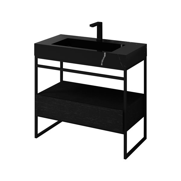 GEF Nina 36-in Black Oak Single Sink Bathroom Vanity with Black Marble Top