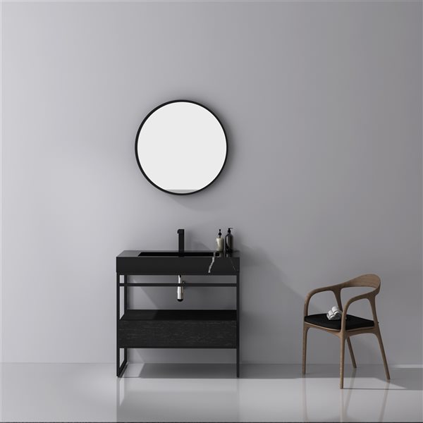 GEF Nina 36-in Black Oak Single Sink Bathroom Vanity with Black Marble Top