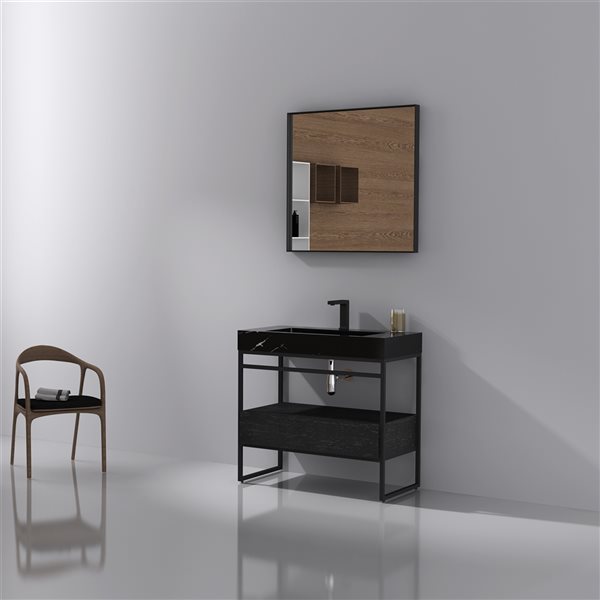 GEF Nina 36-in Black Oak Single Sink Bathroom Vanity with Black Marble Top