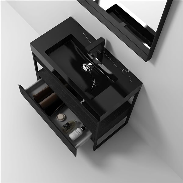 GEF Nina 36-in Black Oak Single Sink Bathroom Vanity with Black Marble Top