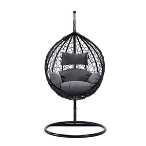 Backyard Lifestyles Black Wicker Hanging Conversation Chair with Grey Cushioned Seat and Metal Frame