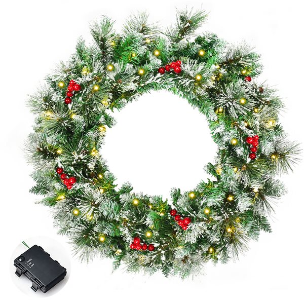 Costway 24-in Pre-Lit Indoor/Outdoor Battery-Operated Green Ornament Artificial Christmas Wreath with Warm White LED