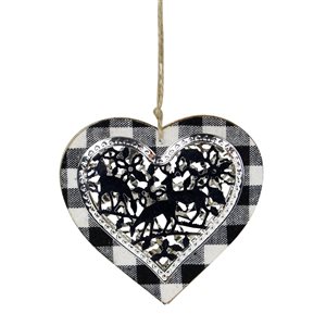4.25-in Black and White Buffalo Plaid Heart with Reindeer Christmas Ornament