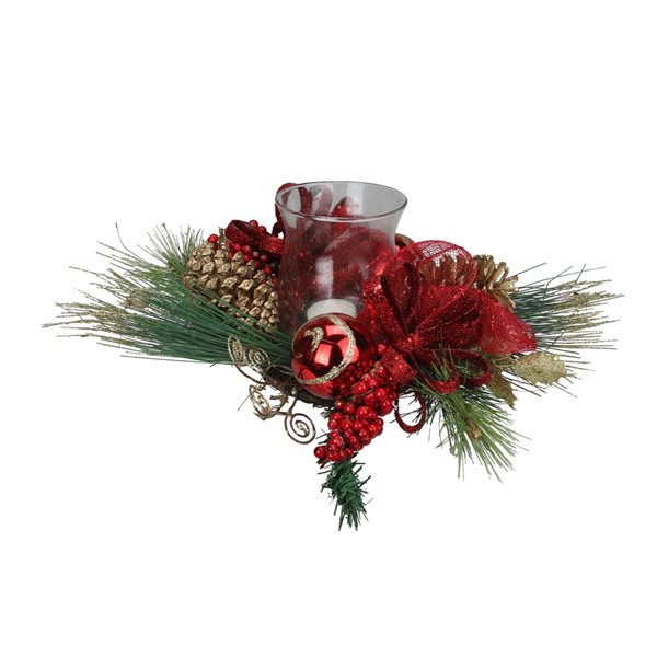 Northlight 18-in Pine Sprigs and Glittered Berries Christmas Hurricane Candle Holder