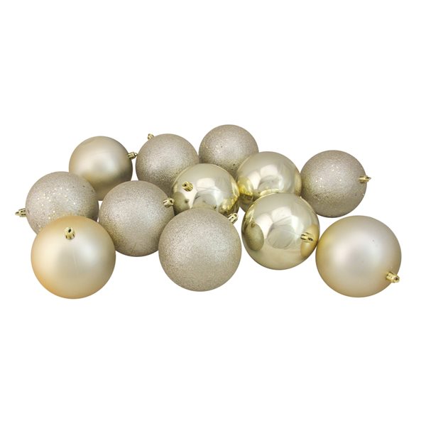 Northlight 4-in Champagne Gold Shatterproof 4-Finish Christmas Ball Ornaments - Set of 12