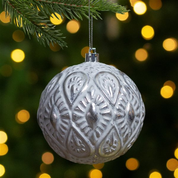 Northlight 3.5-in Matte White and Silver Floral Distressed Christmas Ball Ornament