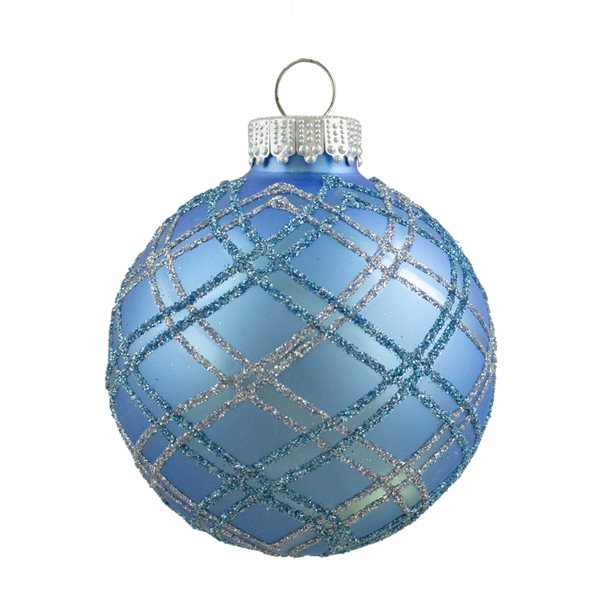 Northlight Plaid Glitter Glass Christmas Ornament Blue Ball Set 2.75-in 4/pk
