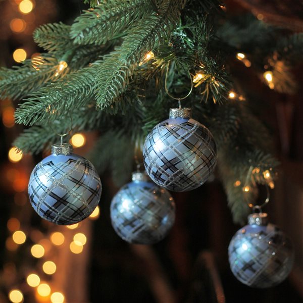 Northlight Plaid Glitter Glass Christmas Ornament Blue Ball Set 2.75-in 4/pk