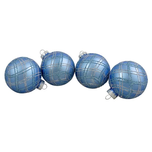 Northlight Plaid Glitter Glass Christmas Ornament Blue Ball Set 2.75-in 4/pk