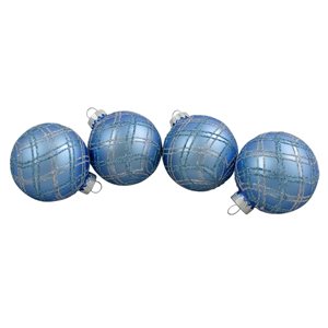 Northlight Plaid Glitter Glass Christmas Ornament Blue Ball Set 2.75-in 4/pk