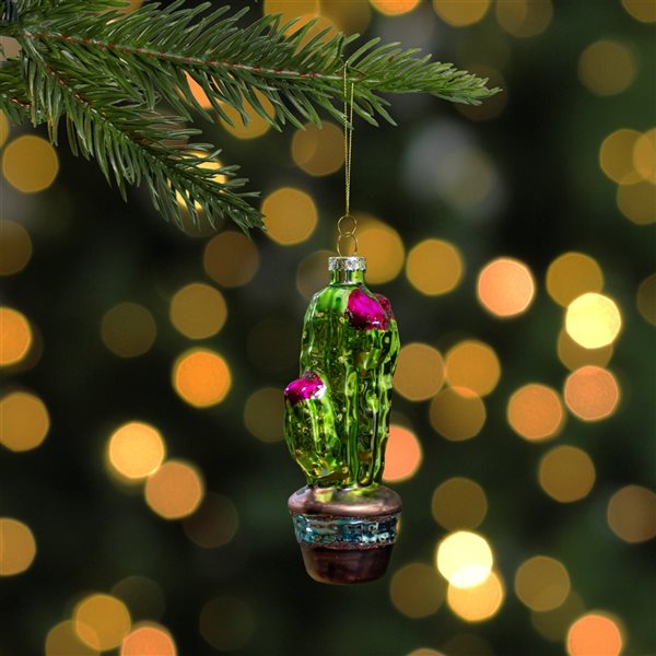 Northlight 4.75-in Green and Pink Potted Cactus Glass Christmas Ornament