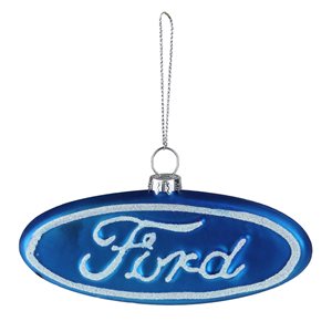 5-in Blue and White Ford Logo Oval Glitter Glass Christmas Ornament