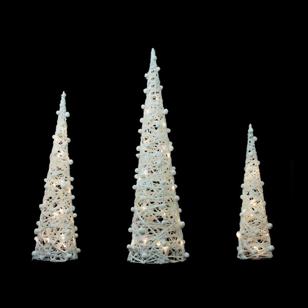 Northlight 39.25-in LED Lighted White and Silver Cone Tree Christmas Decoration - Set of 3