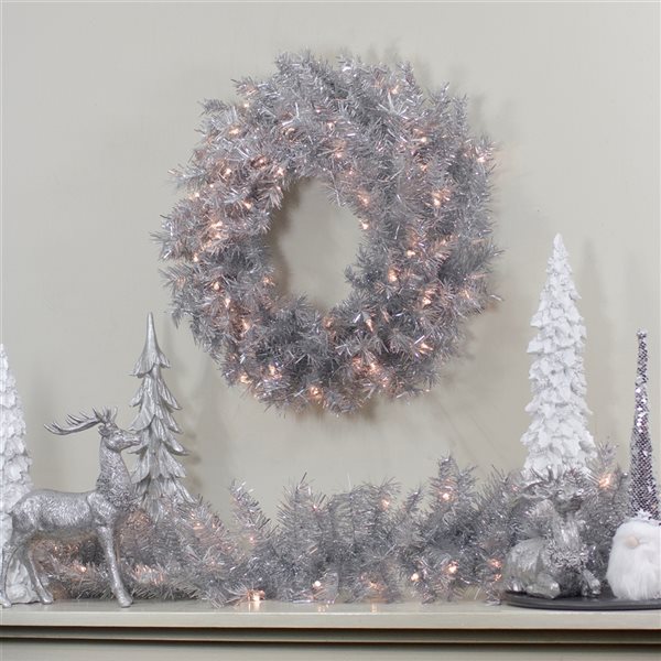 Northlight 24-in Silver Tinsel Artificial Christmas Wreath - Clear Lights