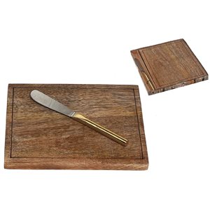 Plateau à fromage en bois de manguier avec couteau à beurre dans une boîte-cadeau par IH Casa Decor