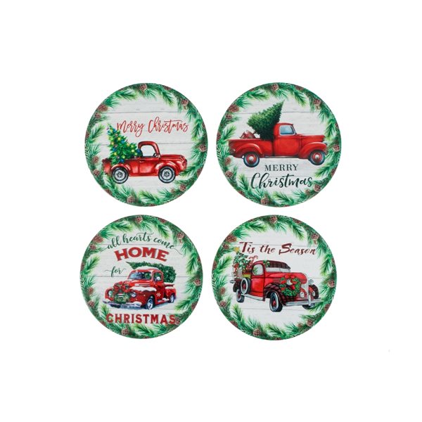 iH casadécor 8-in Round Ceramic Trivet (Red Truck) - Set of 4