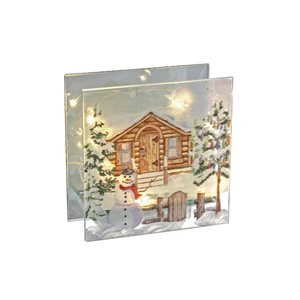 Support carré en verre peint avec maison et bonhomme de neige à DEL par IH Casa Decor, ens. de 2