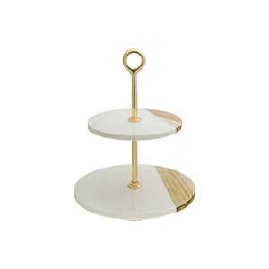 IH Casa Decor White Marble and Wood 2-Tier Cake Stand