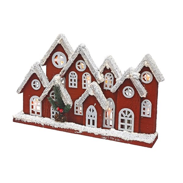 iH casadécor 9.85-in LED Snow Covered Red Wooden 2D Village