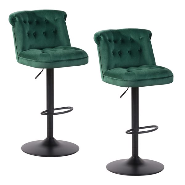 Homy Casa Baze Green Velvet Adjustable Height Upholstered Swivel Bar Stools - 2-Pack
