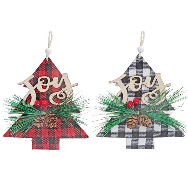 iH casadécor Assorted Buffalo Plaid Wooden Tree Ornaments - Set of 12