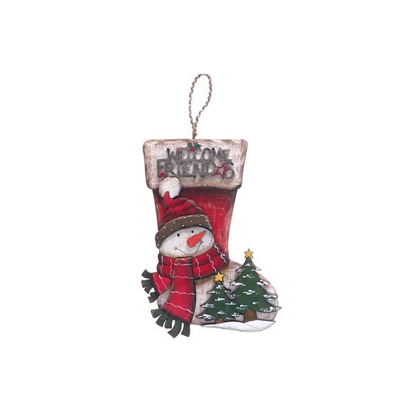 iH casadécor "Welcome Friends" Snowman Stocking Shaped Wooden Christmas Wall Sign