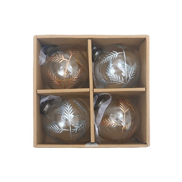 iH casadécor 4-in Glass Ornaments with Gold and Silver Leaf Etching - Set of 4