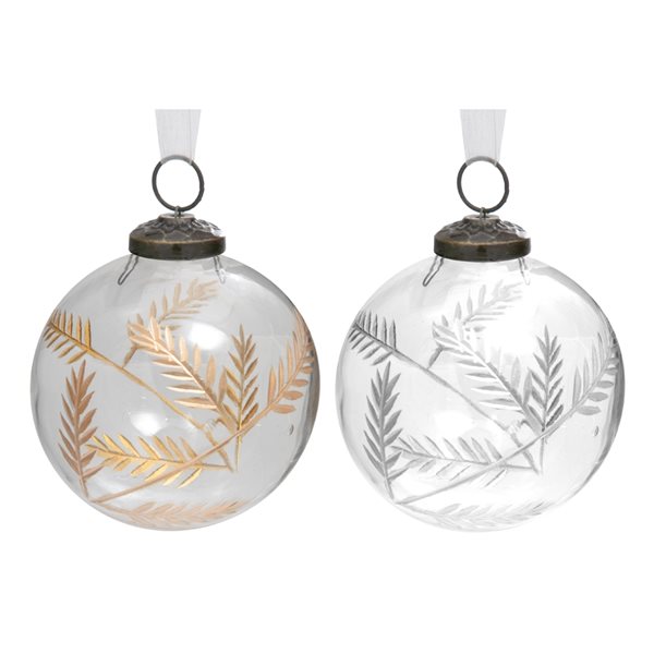 iH casadécor 4-in Glass Ornaments with Gold and Silver Leaf Etching - Set of 4