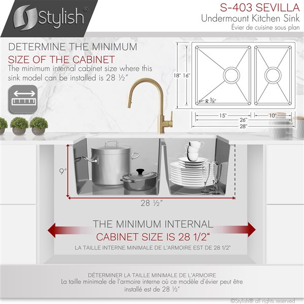 Stylish 28-in Double Bowl Reversible Stainless Steel Kitchen Sink with Strainers