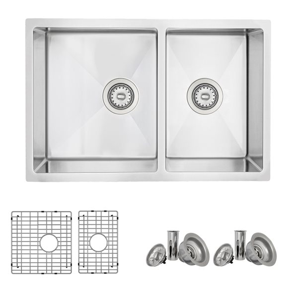 Stylish 28-in Double Bowl Reversible Kitchen Sink with Grids and Strainers