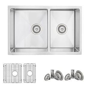 Stylish 28-in Double Bowl Reversible Kitchen Sink with Grids and Strainers