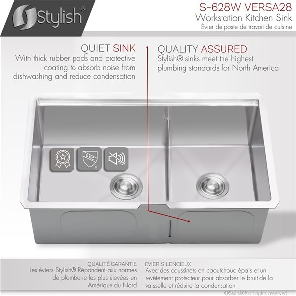 Stylish 28-in Workstation Double Bowl Undermount Stainless Steel Kitchen Sink