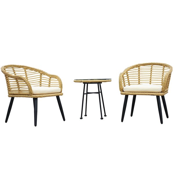 CASAINC Rattan Patio Conversation Set with Black Metal Frame and Beige ...