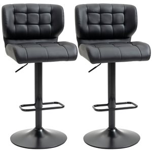 HomCom Black Faux Leather Adjustable Height Upholstered Swivel Bar Stools - 2-Pack